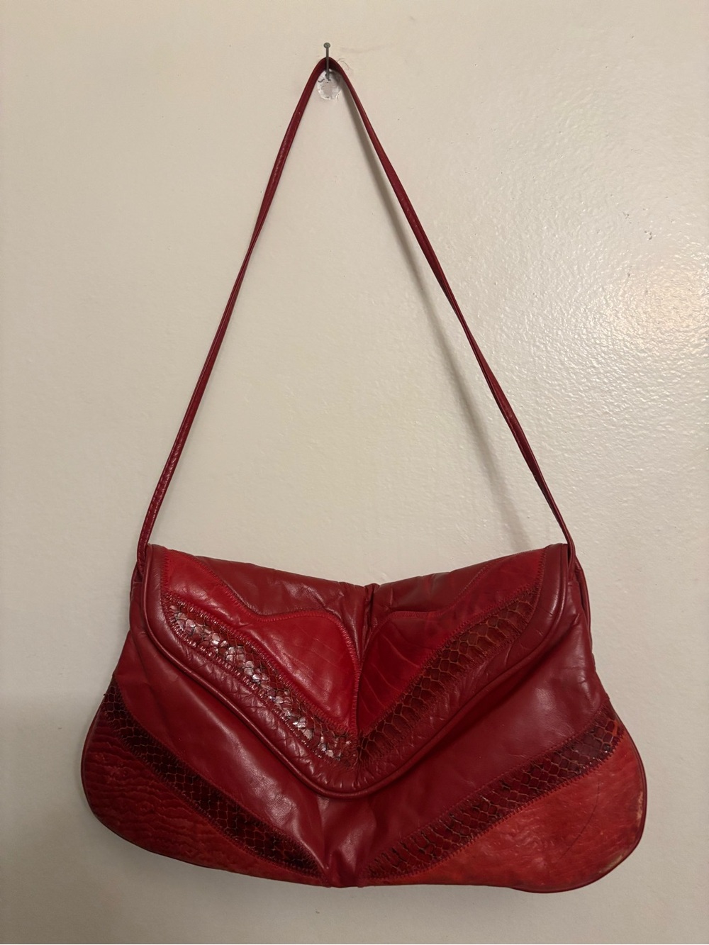Red Leather Shoulder Bag with Textured Accents